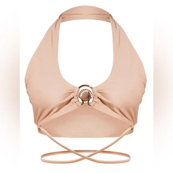 NWT PrettyLittleThing Beige Tan Stone Halter Neck Shell Trim Bikini Top UK4 US0 - Picture 4 of 10